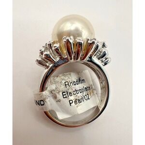 Ring Sculptural Pearl Cocktail Rhodium GR Signed Silver Designer Modern Bold 7